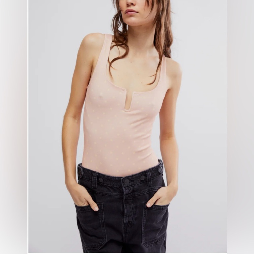 FREE PEOPLE TANK BODYSUIT SIZE M POLKA DOT NWT $58 BOHO Y2K BEACH PINK